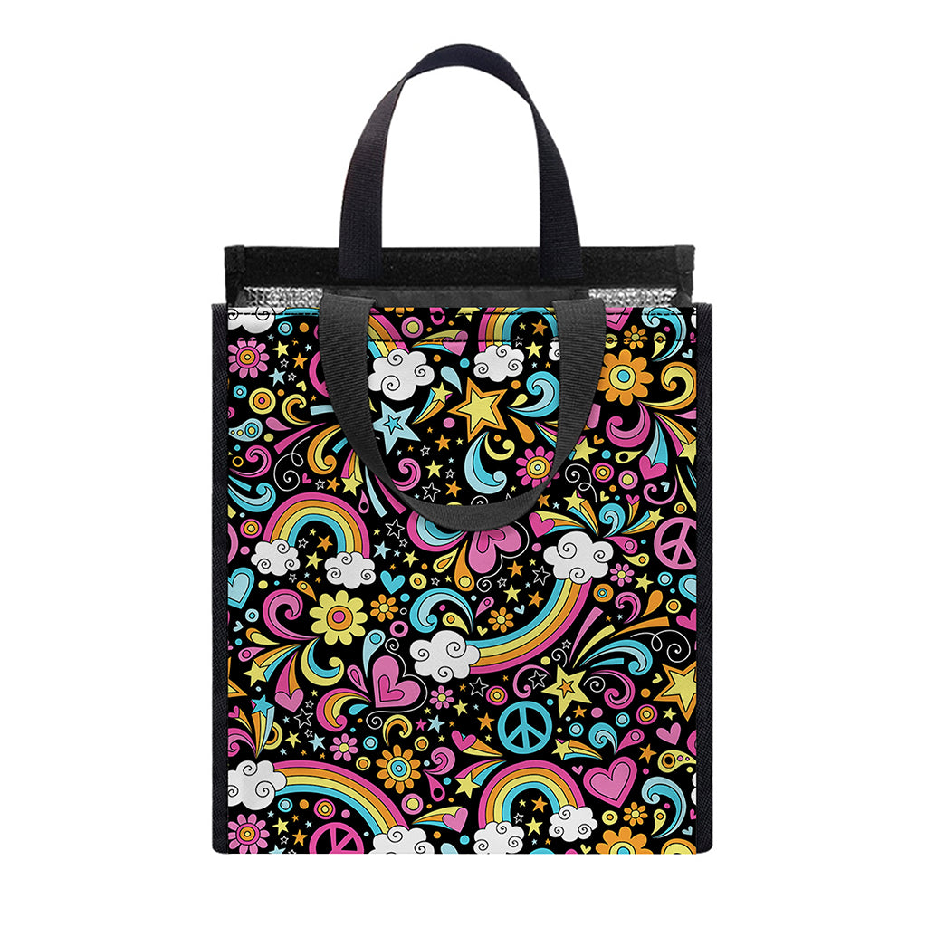 Groovy Hippie Peace Pattern Print Insulated Lunch Tote