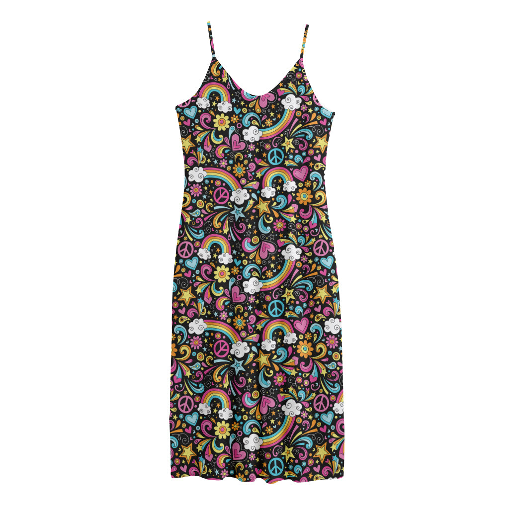 Groovy Hippie Peace Pattern Print Jersey Midi Cami Dress
