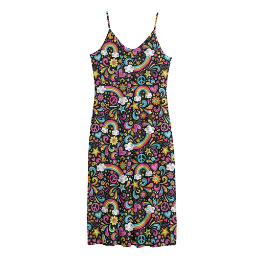 Groovy Hippie Peace Pattern Print Jersey Midi Cami Dress
