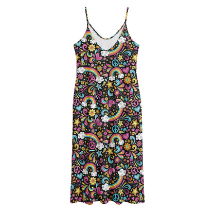 Groovy Hippie Peace Pattern Print Jersey Midi Cami Dress