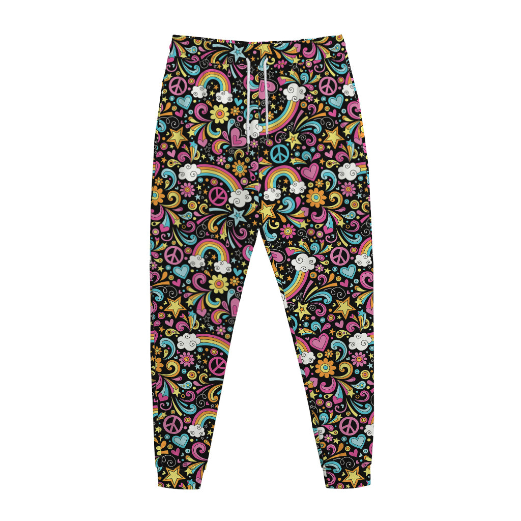 Groovy Hippie Peace Pattern Print Jogger Pants