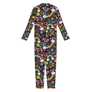 Groovy Hippie Peace Pattern Print Jumpsuit