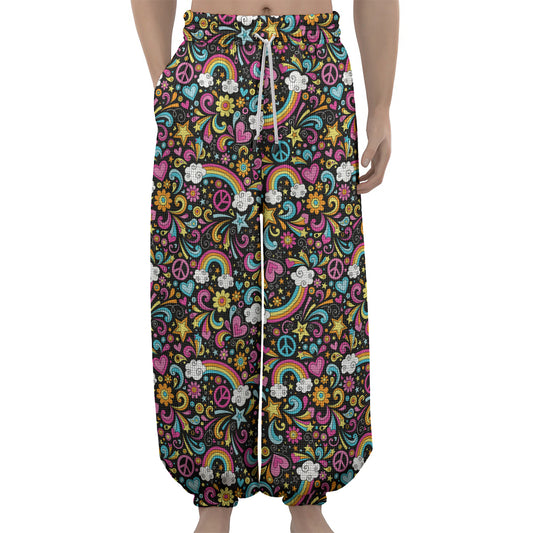 Groovy Hippie Peace Pattern Print Lantern Pants