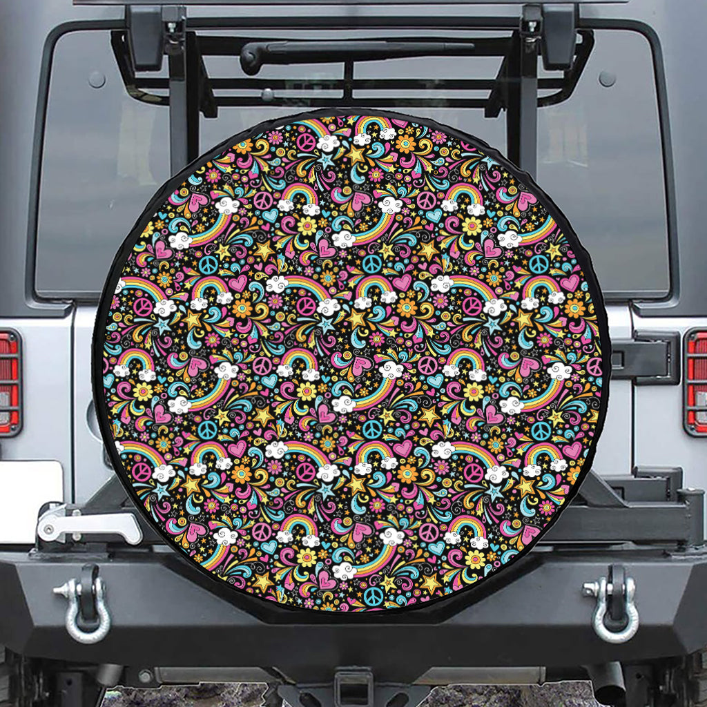 Groovy Hippie Peace Pattern Print Leather Spare Tire Cover