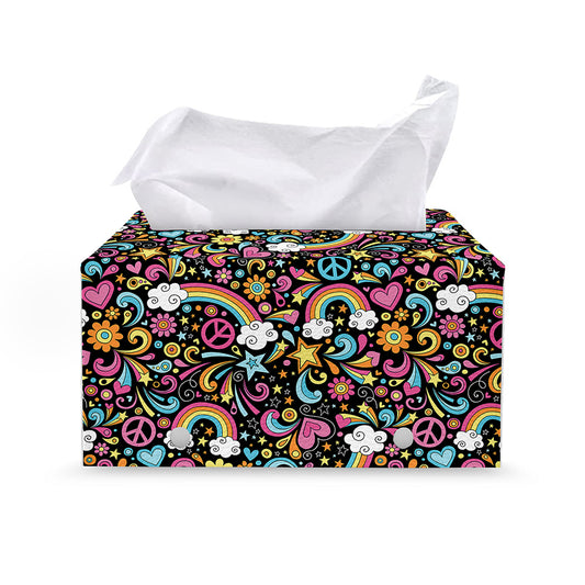 Groovy Hippie Peace Pattern Print Leather Tissue Box Cover