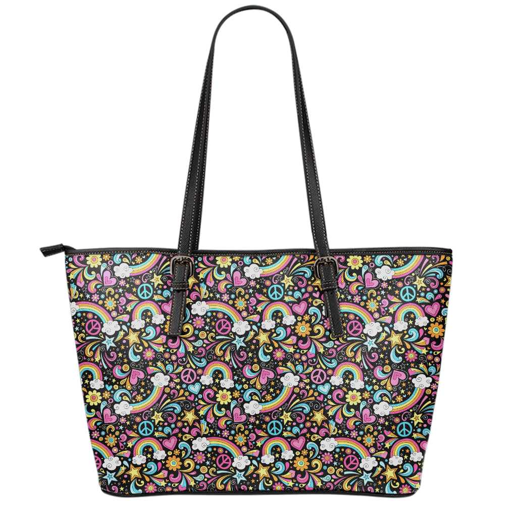 Groovy Hippie Peace Pattern Print Leather Tote Bag