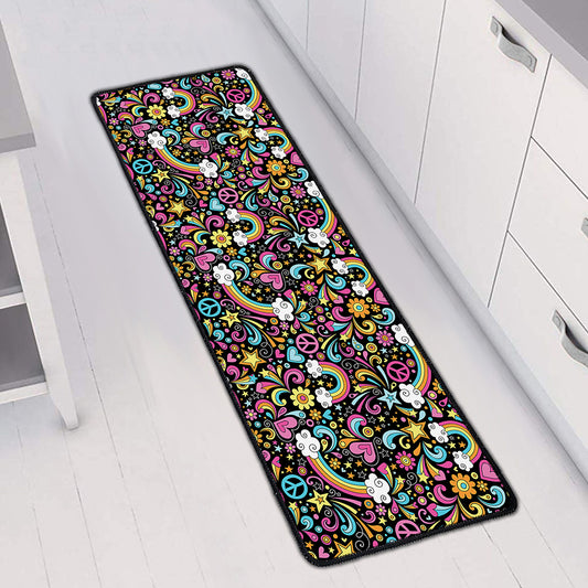 Groovy Hippie Peace Pattern Print Long Kitchen Mat