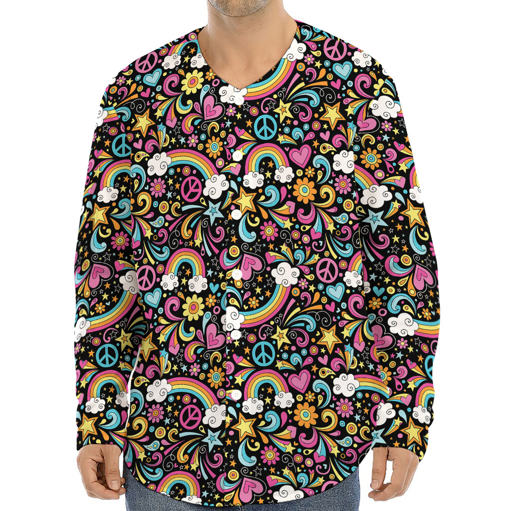 Groovy Hippie Peace Pattern Print Long Sleeve Baseball Jersey