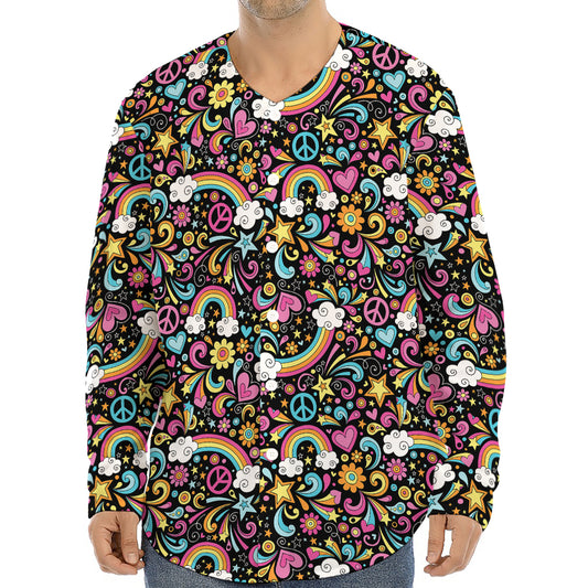 Groovy Hippie Peace Pattern Print Long Sleeve Baseball Jersey