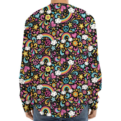 Groovy Hippie Peace Pattern Print Long Sleeve Baseball Jersey