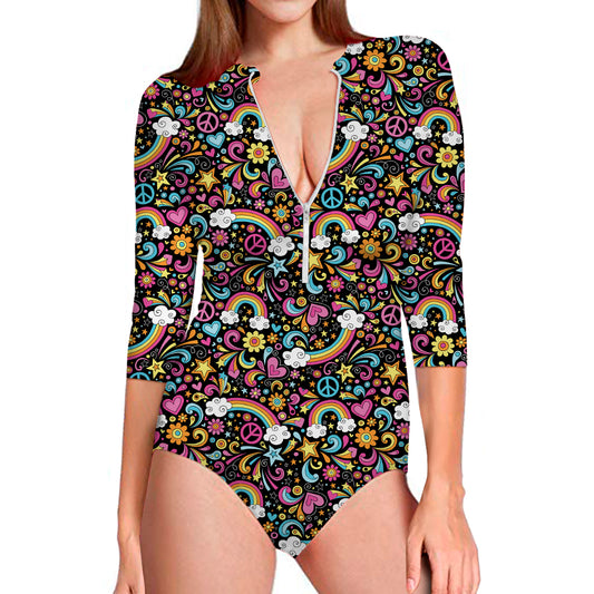 Groovy Hippie Peace Pattern Print Long Sleeve Swimsuit