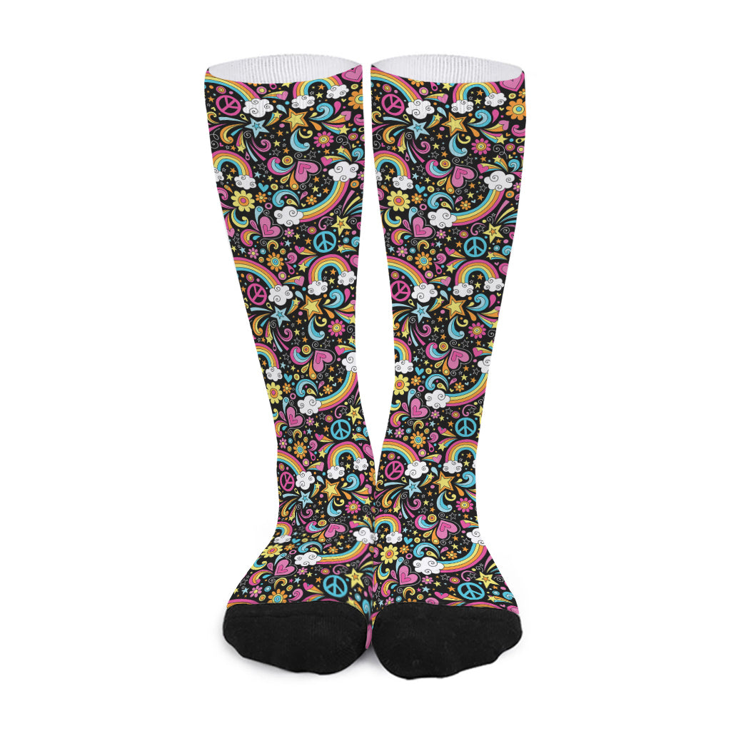 Groovy Hippie Peace Pattern Print Long Socks