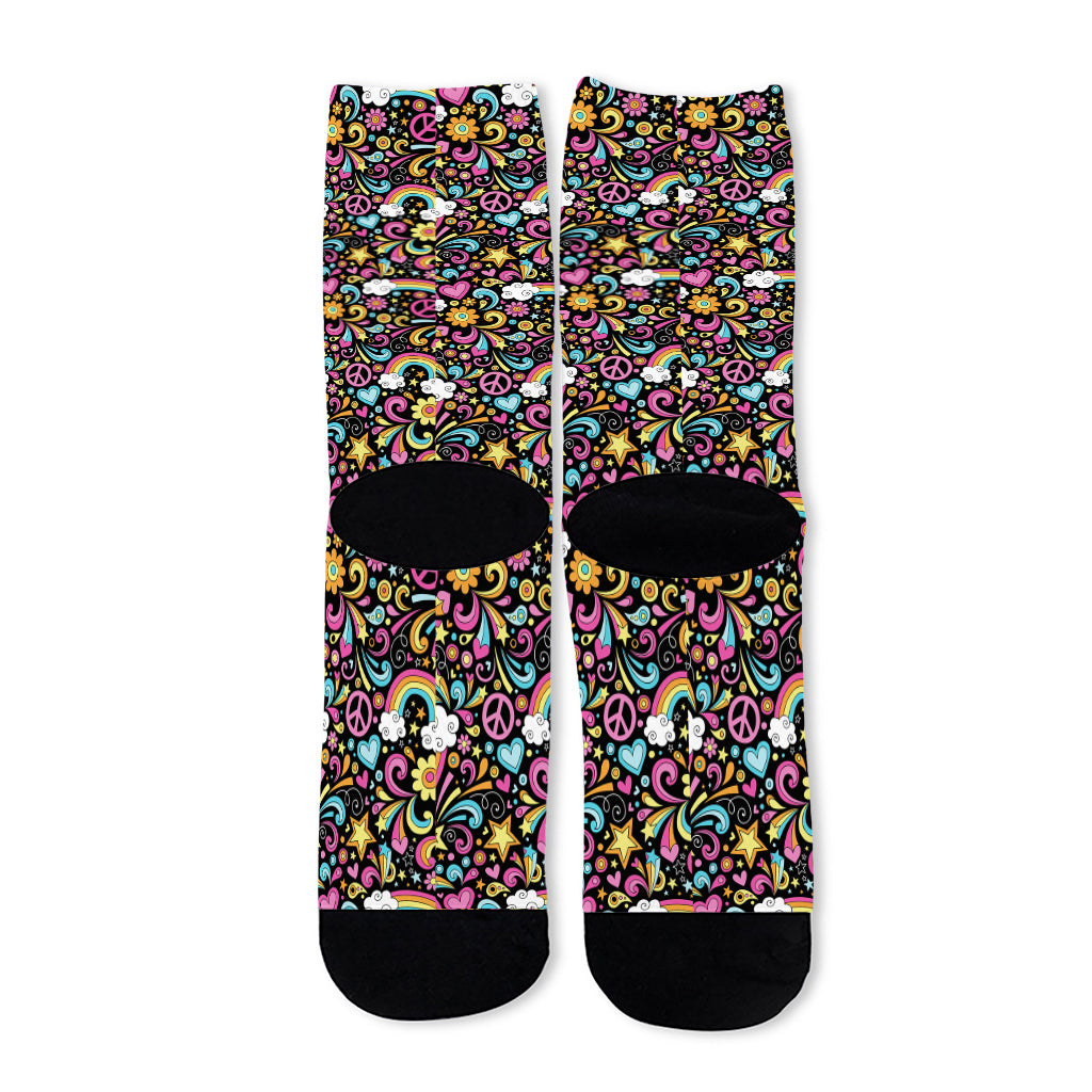 Groovy Hippie Peace Pattern Print Long Socks