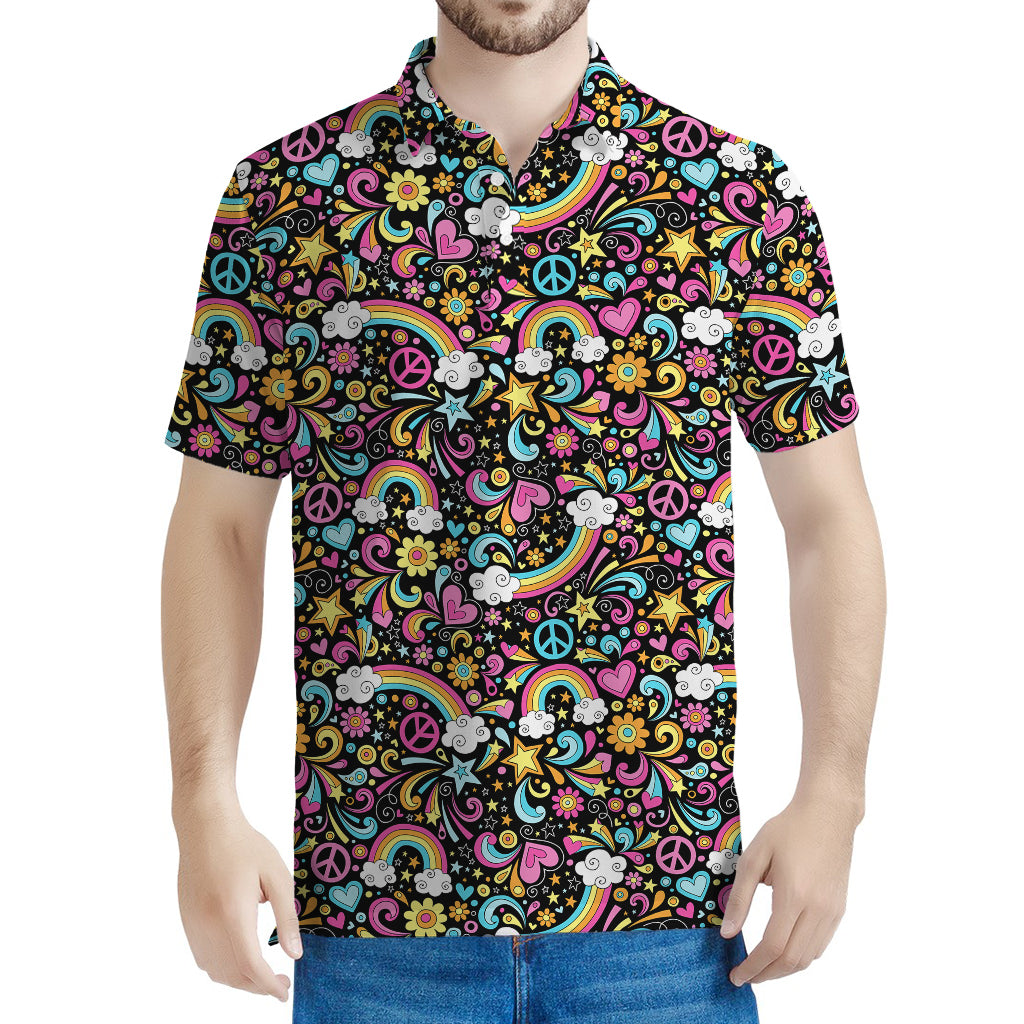 Groovy Hippie Peace Pattern Print Men's Polo Shirt