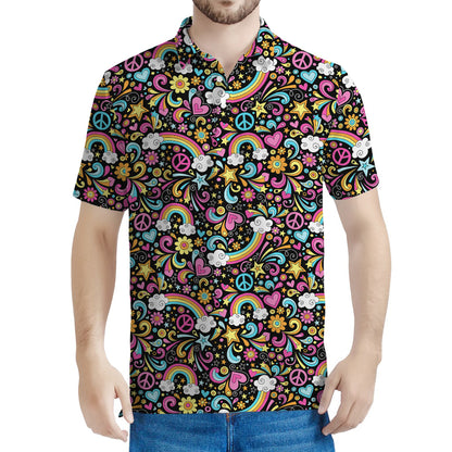 Groovy Hippie Peace Pattern Print Men's Polo Shirt