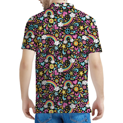 Groovy Hippie Peace Pattern Print Men's Polo Shirt