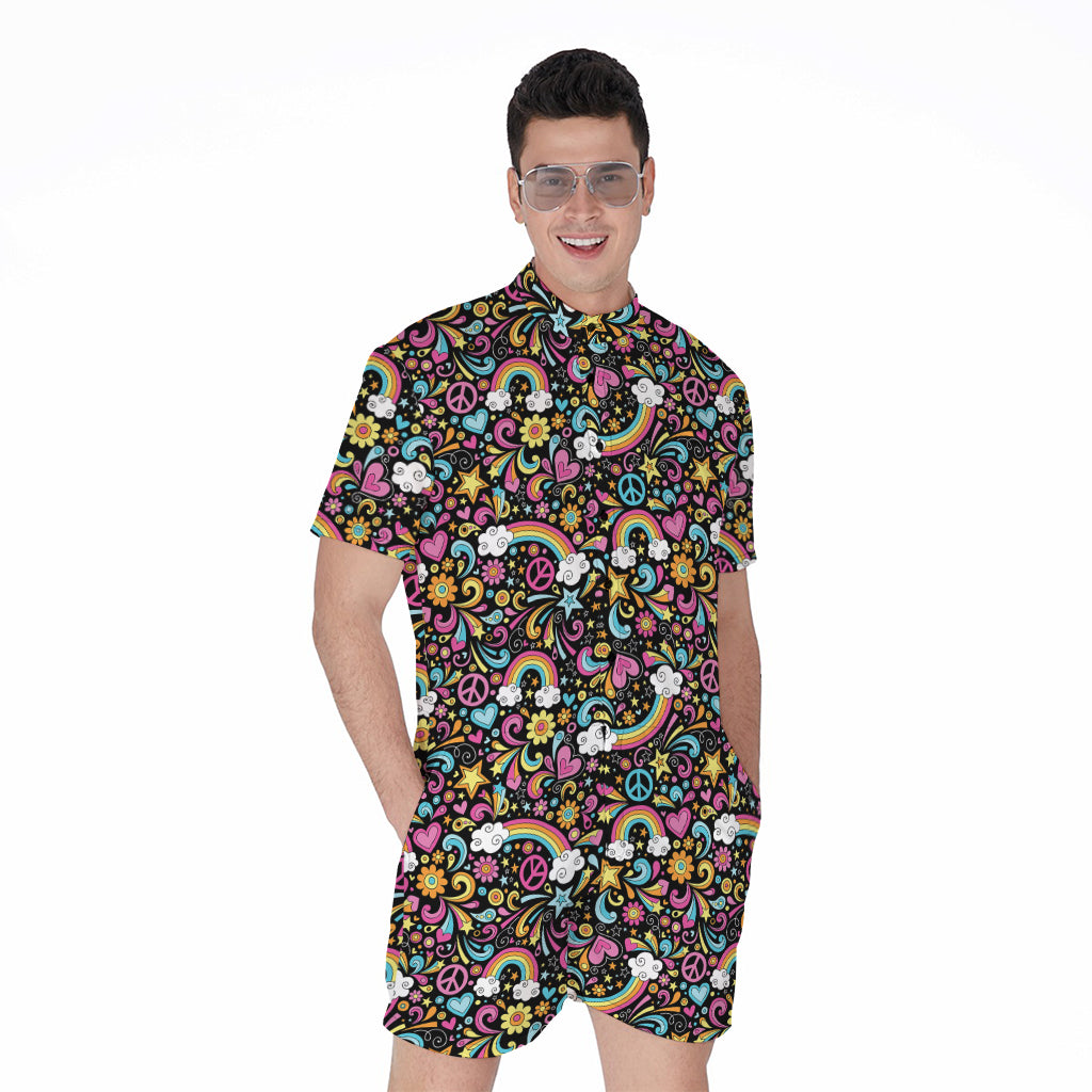 Groovy Hippie Peace Pattern Print Men's Rompers