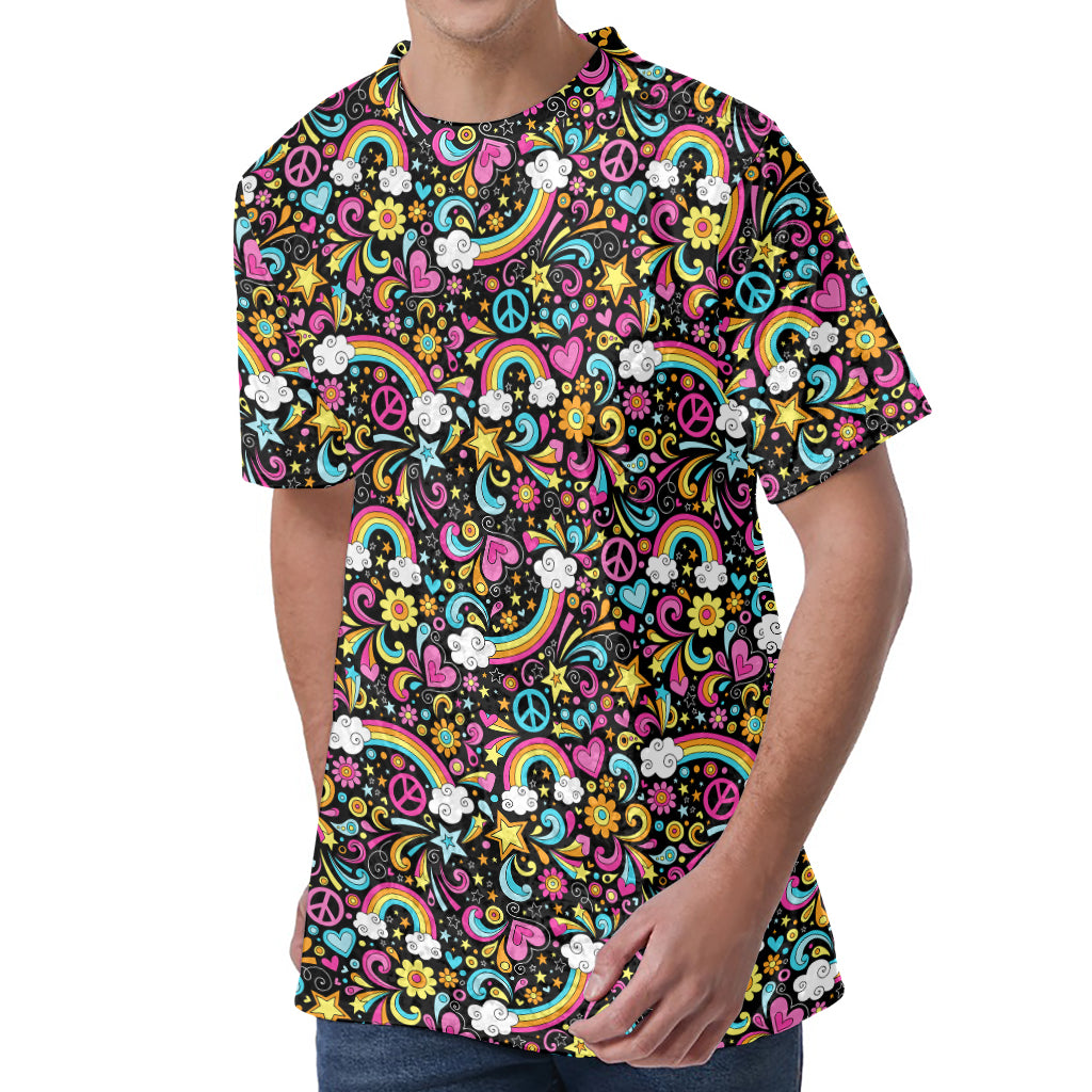 Groovy Hippie Peace Pattern Print Men's Velvet T-Shirt
