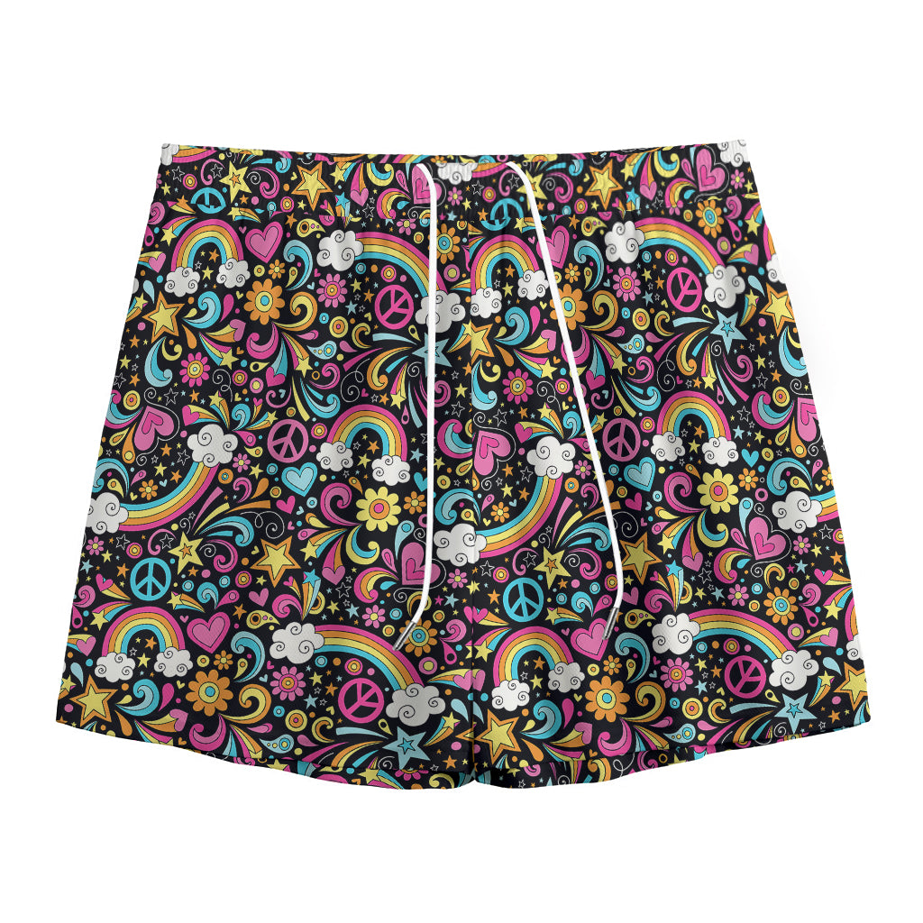 Groovy Hippie Peace Pattern Print Mesh Shorts