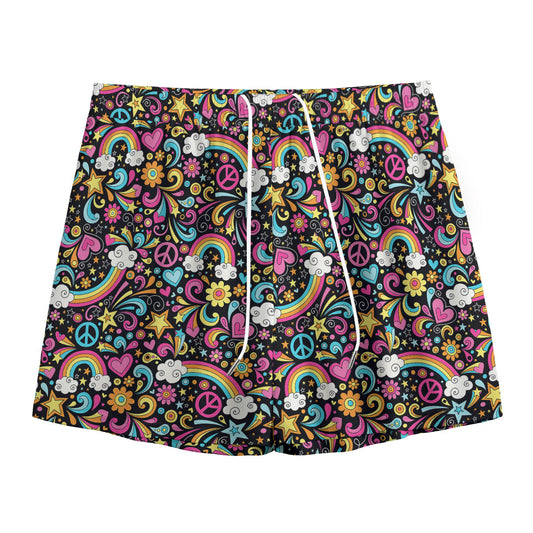Groovy Hippie Peace Pattern Print Mesh Shorts