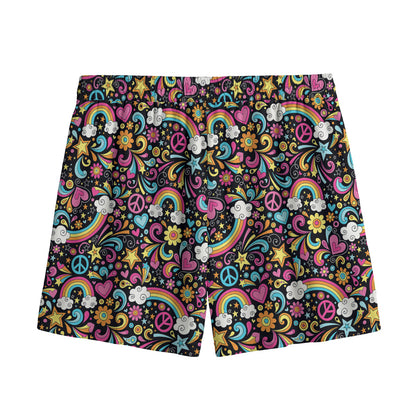 Groovy Hippie Peace Pattern Print Mesh Shorts
