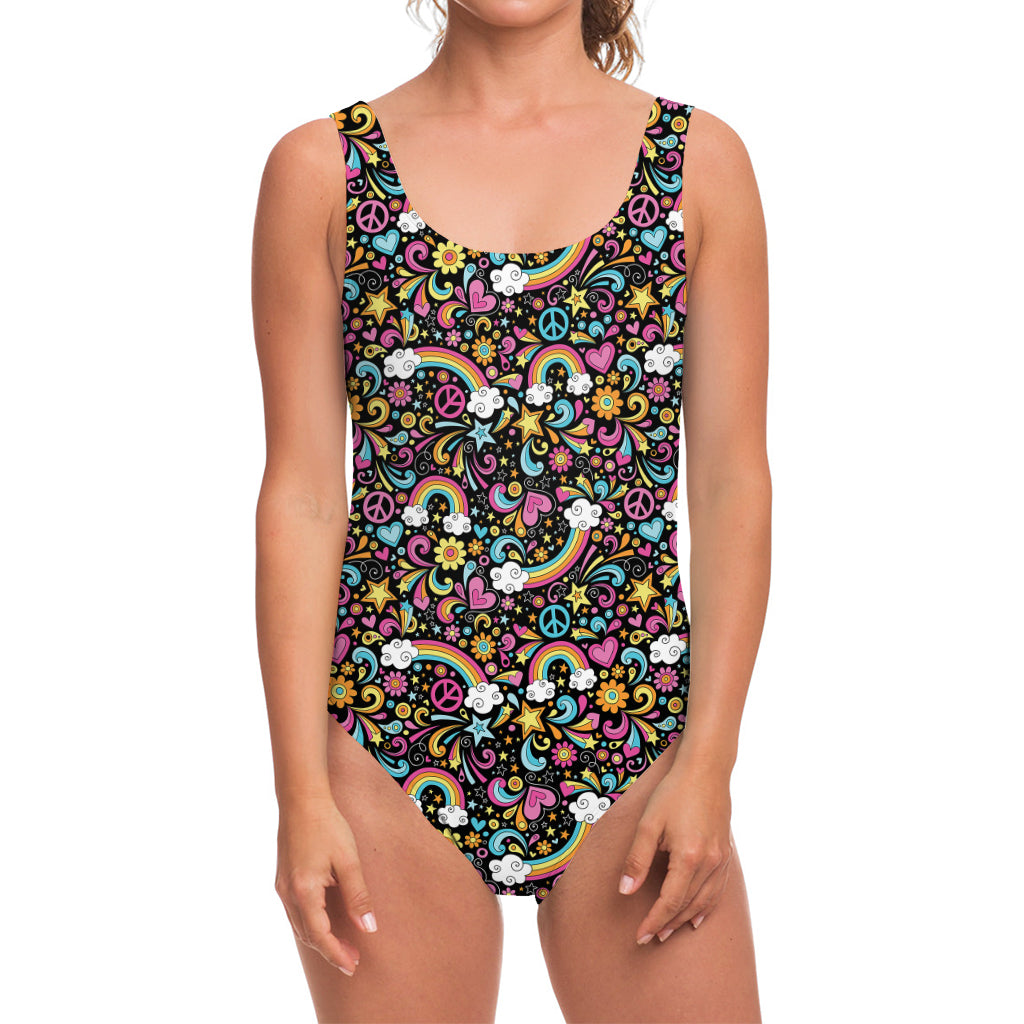 Groovy Hippie Peace Pattern Print One Piece Swimsuit