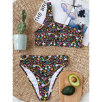 Groovy Hippie Peace Pattern Print One Shoulder Bikini Top