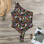 Groovy Hippie Peace Pattern Print One Shoulder Bodysuit