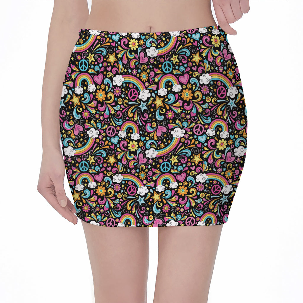 Groovy Hippie Peace Pattern Print Pencil Mini Skirt