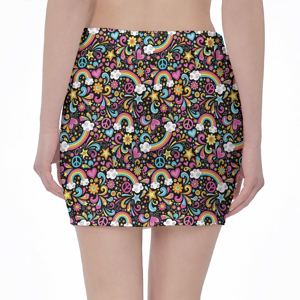 Groovy Hippie Peace Pattern Print Pencil Mini Skirt