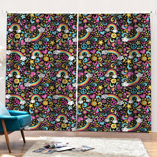 Groovy Hippie Peace Pattern Print Pencil Pleat Curtains