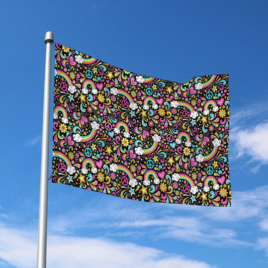 Groovy Hippie Peace Pattern Print Polyester Flag