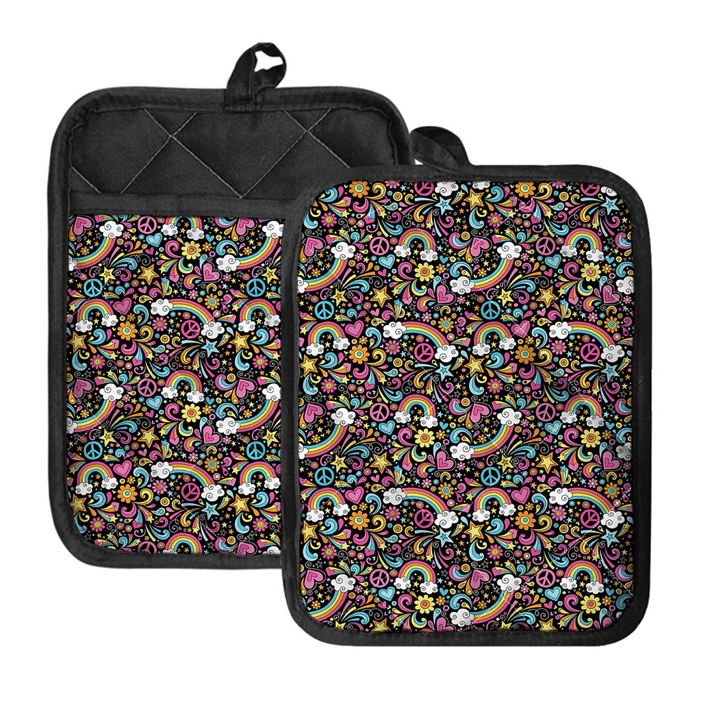 Groovy Hippie Peace Pattern Print Pot Holders With Pocket