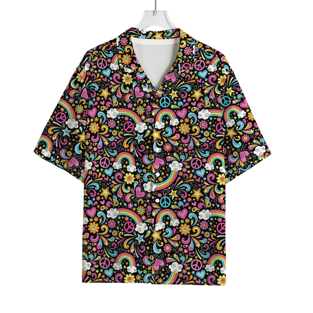 Groovy Hippie Peace Pattern Print Rayon Hawaiian Shirt