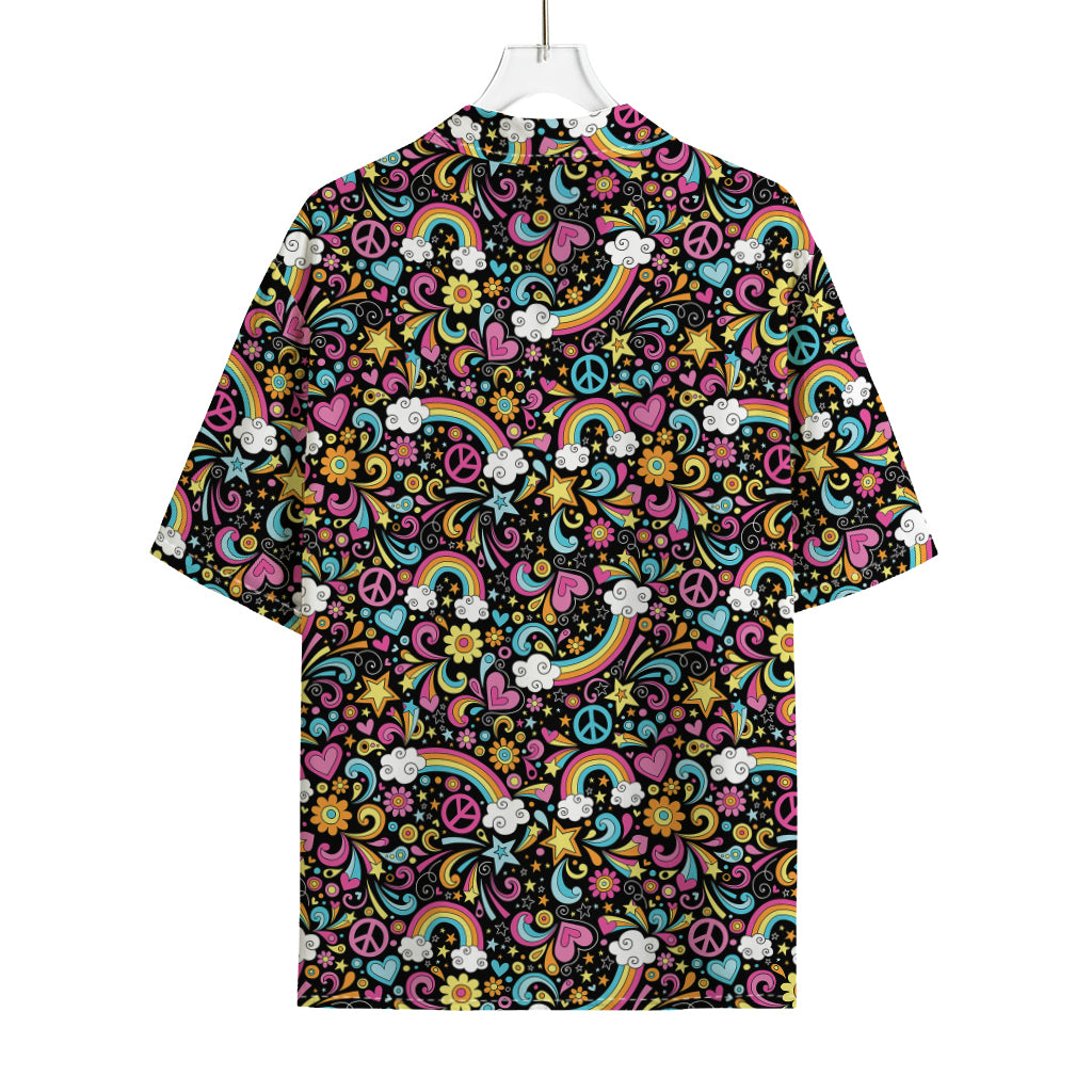 Groovy Hippie Peace Pattern Print Rayon Hawaiian Shirt