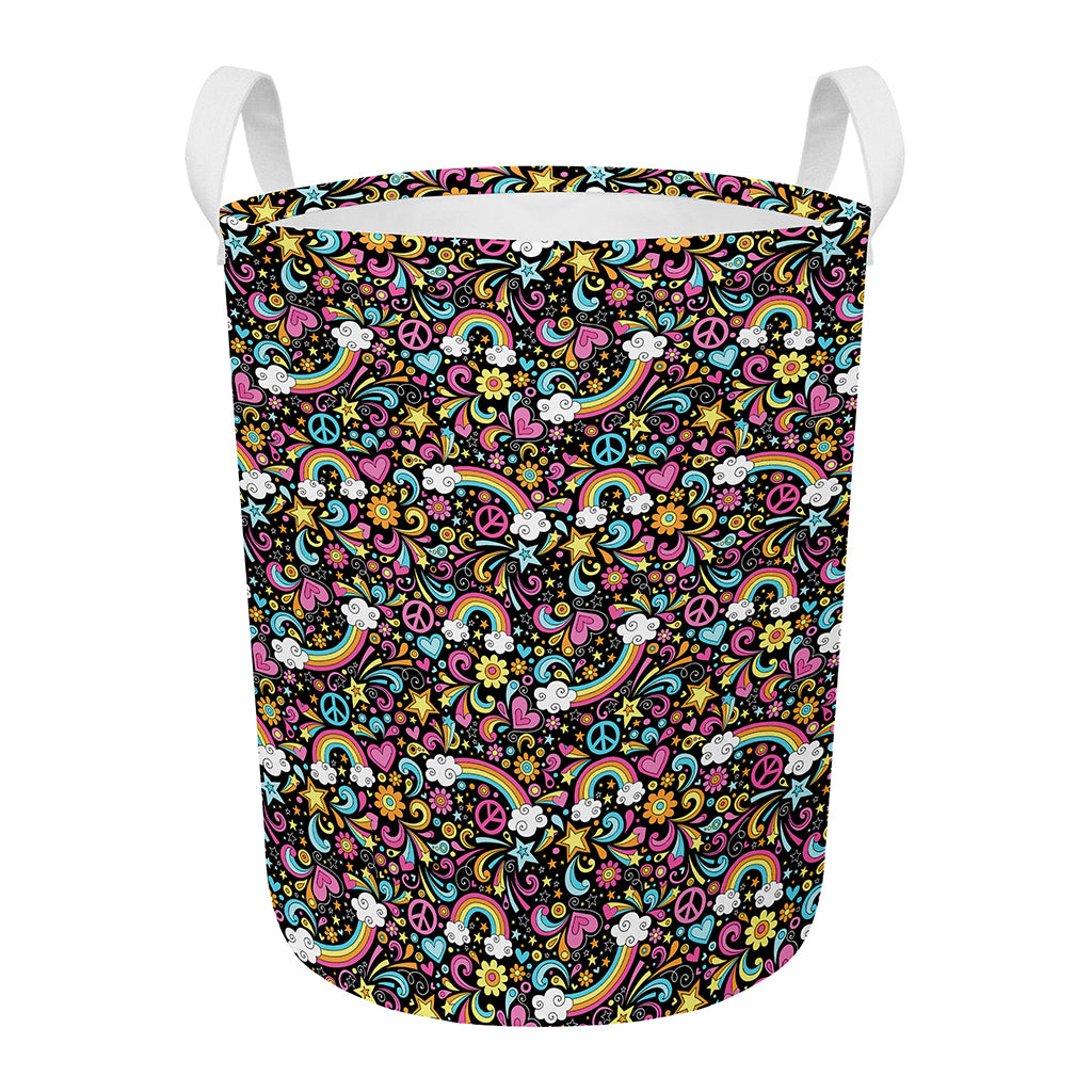 Groovy Hippie Peace Pattern Print Round Laundry Basket