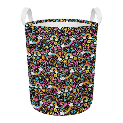 Groovy Hippie Peace Pattern Print Round Laundry Basket