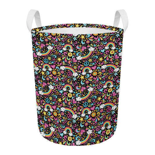 Groovy Hippie Peace Pattern Print Round Laundry Basket