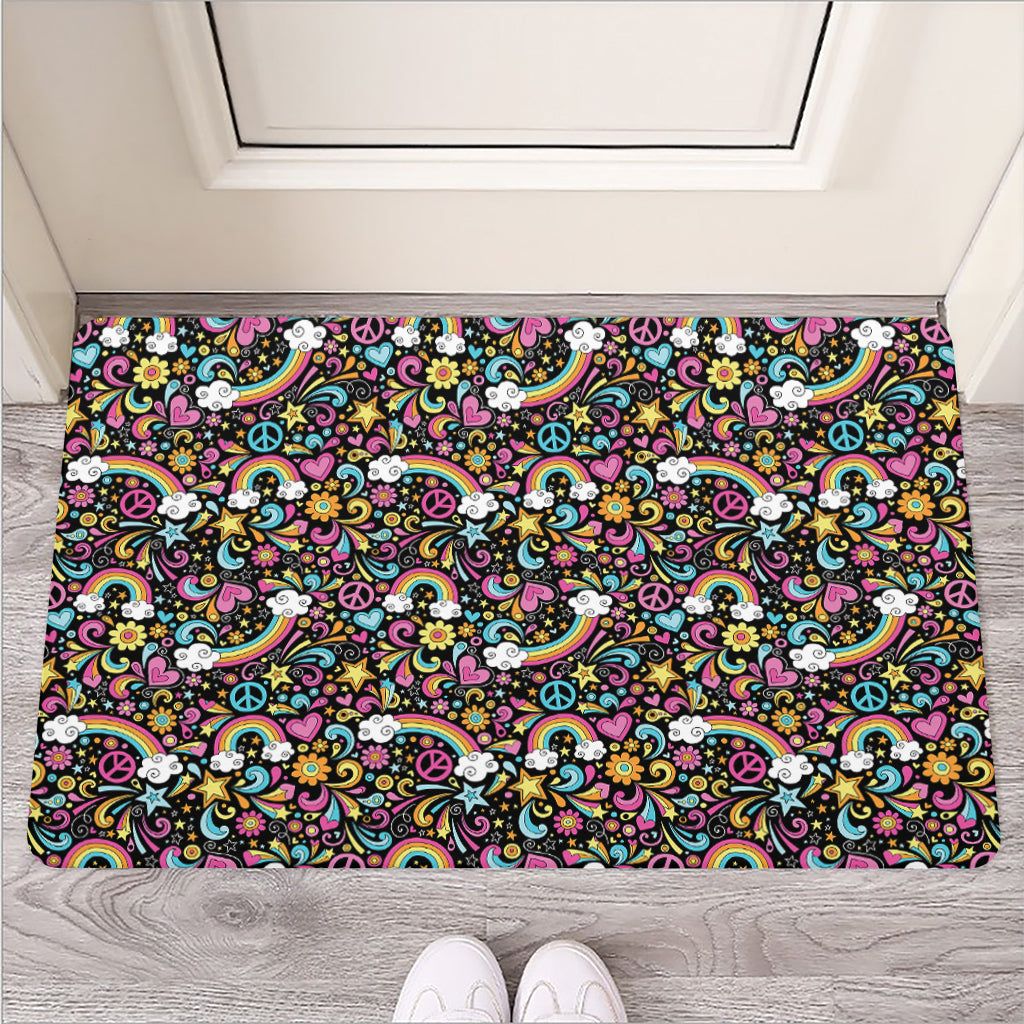 Groovy Hippie Peace Pattern Print Rubber Doormat