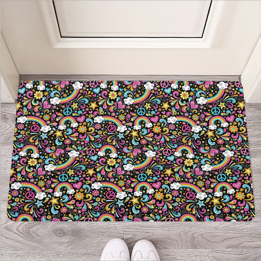 Groovy Hippie Peace Pattern Print Rubber Doormat