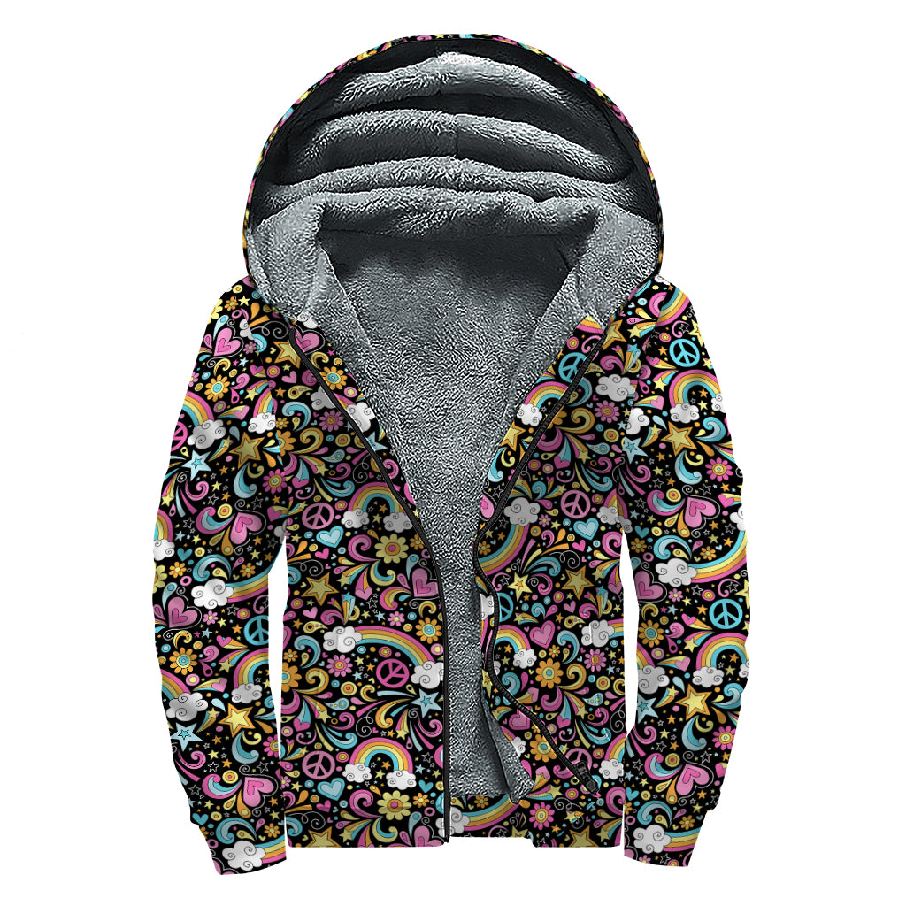 Groovy Hippie Peace Pattern Print Sherpa Lined Zip Up Hoodie