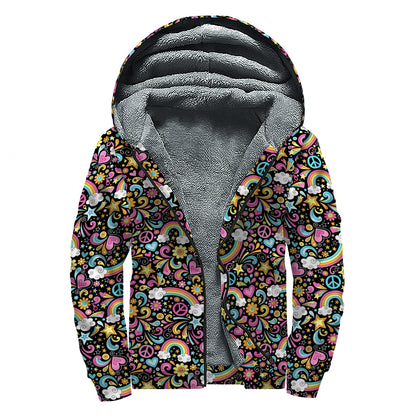 Groovy Hippie Peace Pattern Print Sherpa Lined Zip Up Hoodie