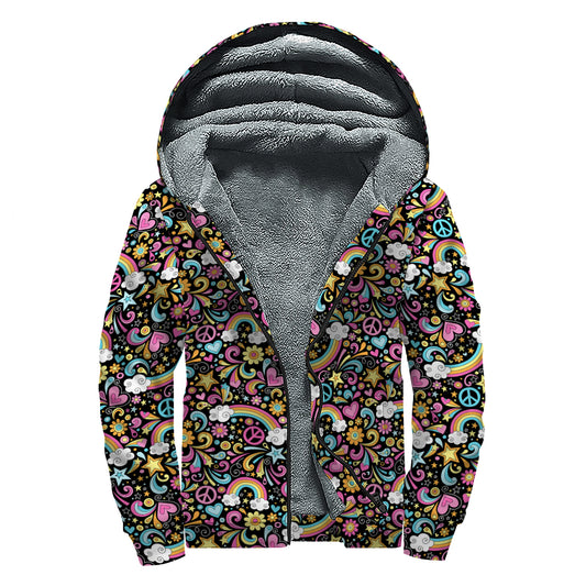 Groovy Hippie Peace Pattern Print Sherpa Lined Zip Up Hoodie
