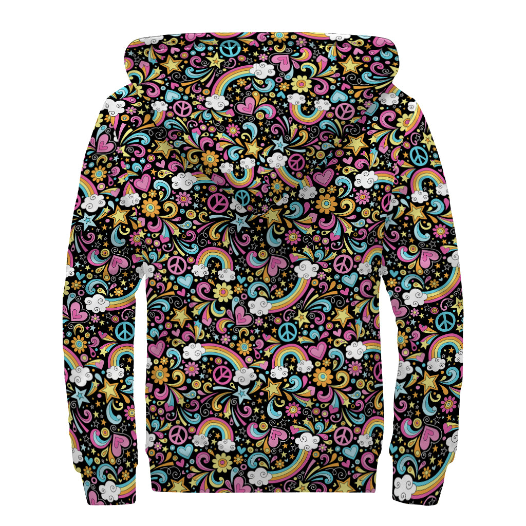 Groovy Hippie Peace Pattern Print Sherpa Lined Zip Up Hoodie
