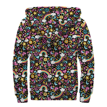 Groovy Hippie Peace Pattern Print Sherpa Lined Zip Up Hoodie