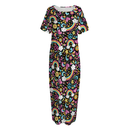 Groovy Hippie Peace Pattern Print Short Sleeve Long Nightdress