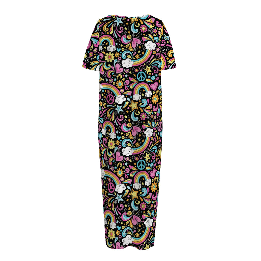Groovy Hippie Peace Pattern Print Short Sleeve Long Nightdress