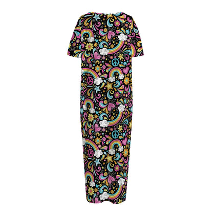 Groovy Hippie Peace Pattern Print Short Sleeve Long Nightdress