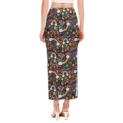 Groovy Hippie Peace Pattern Print Side Slit Maxi Skirt