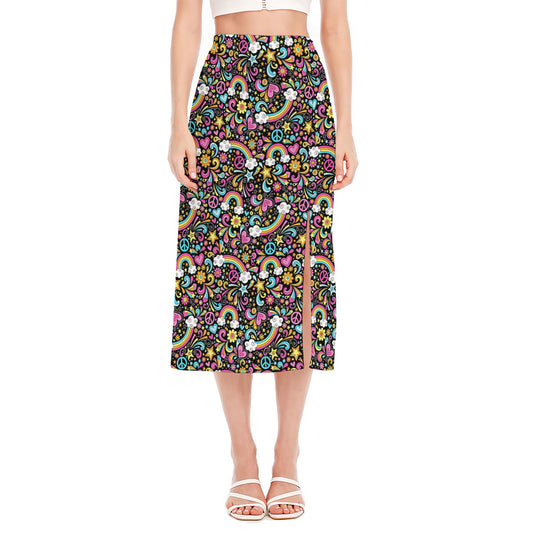 Groovy Hippie Peace Pattern Print Side Slit Midi Skirt